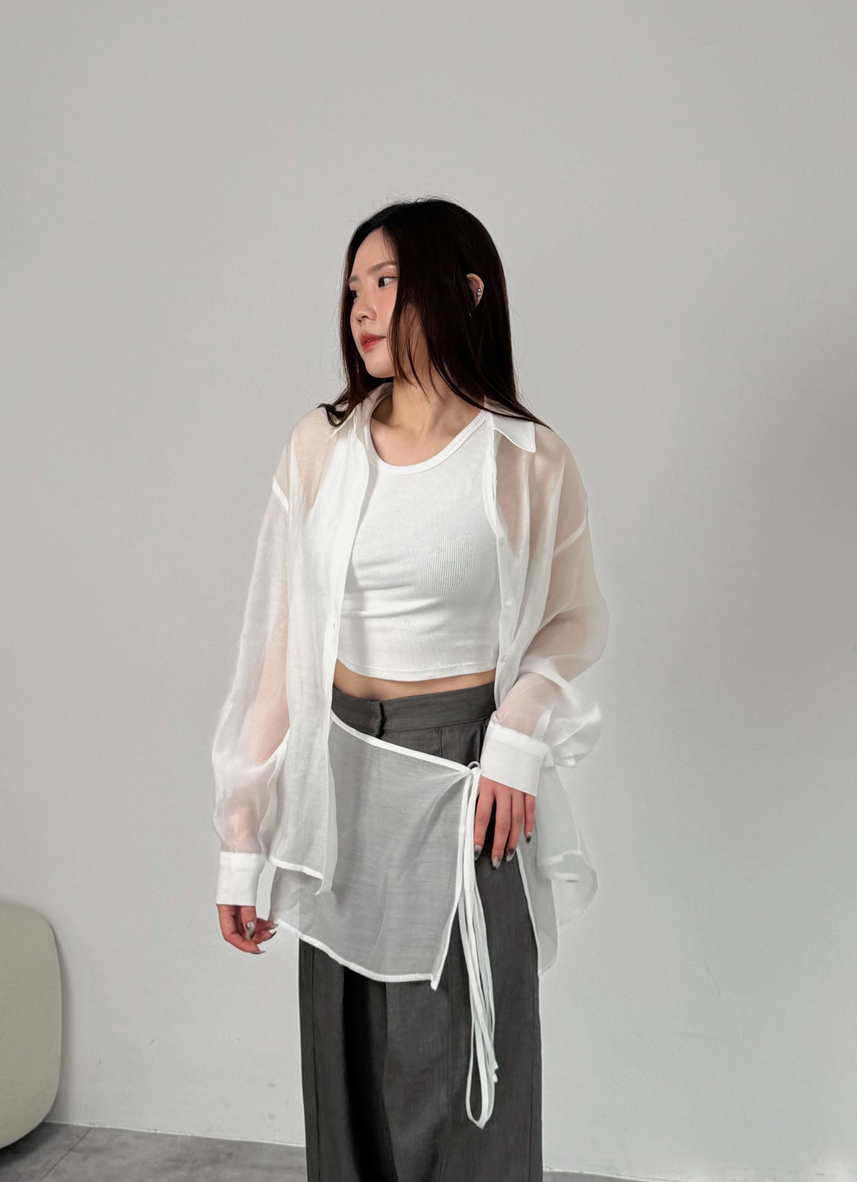 側綁帶輕紗感襯衫