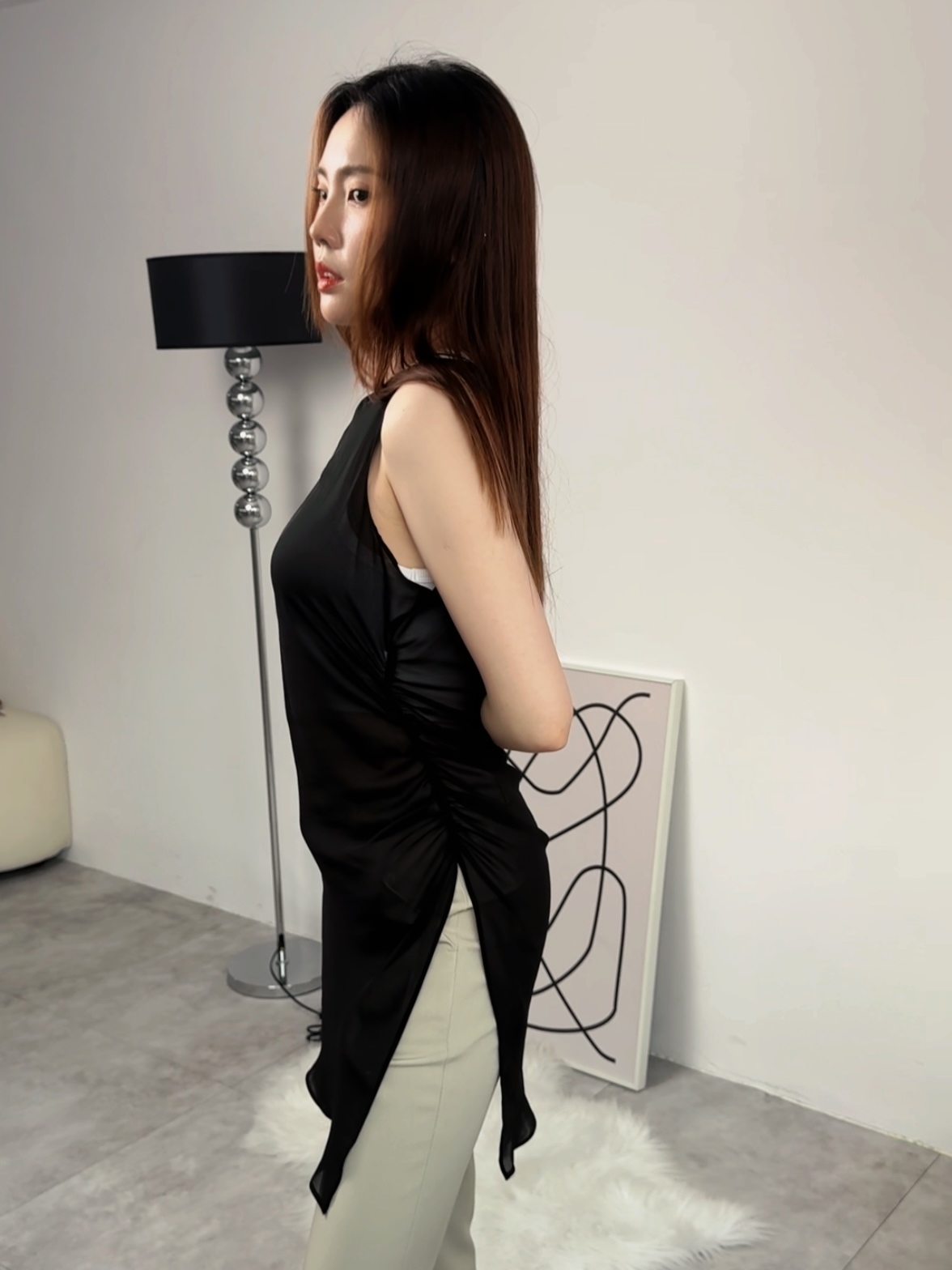 透感抓皺長版背心