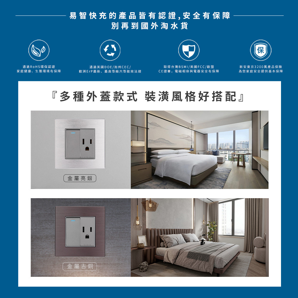 易智快充 AC 插座面板與開關面板,適合飯店、民宿、辦公室與住家,專為台灣室內設計師、水電行、建商與 DIY 裝修愛好者設計,完美應用於會議室、公共空間與訂製傢俱