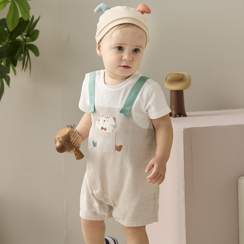 PIPPY可愛小貓咪吊帶褲包屁衣3件式禮盒 卡其