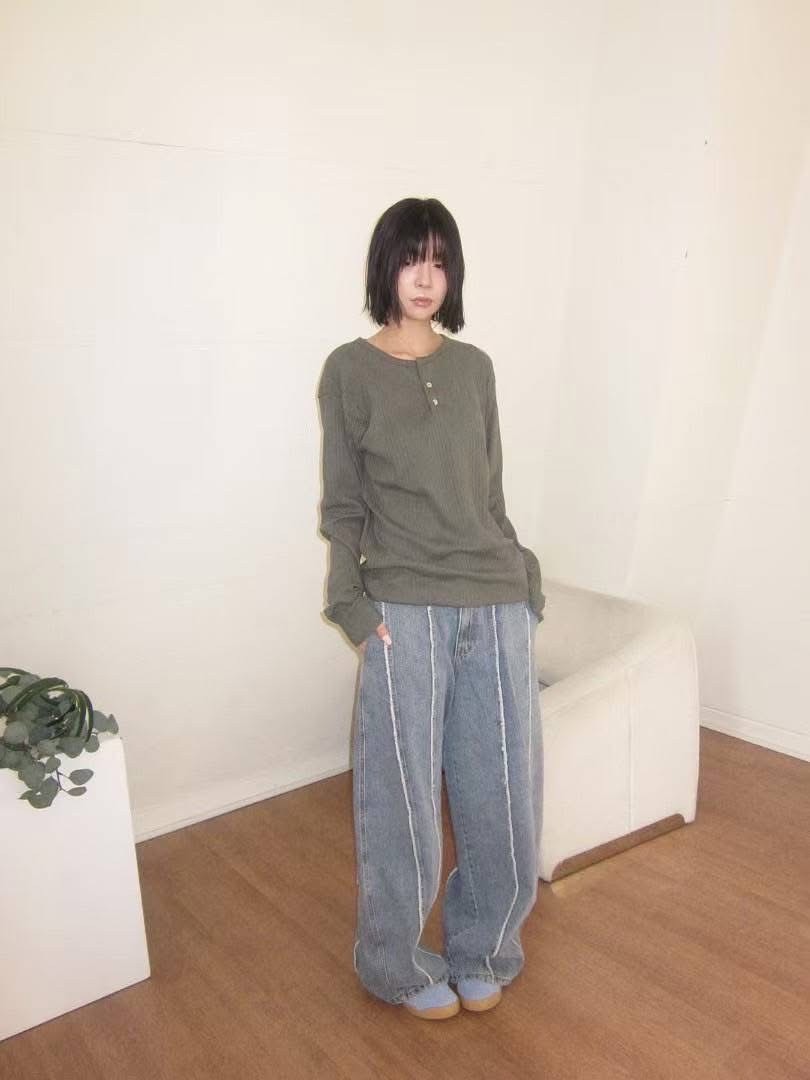 PARA 開半襟 坑條 三色 長袖 #薄長袖