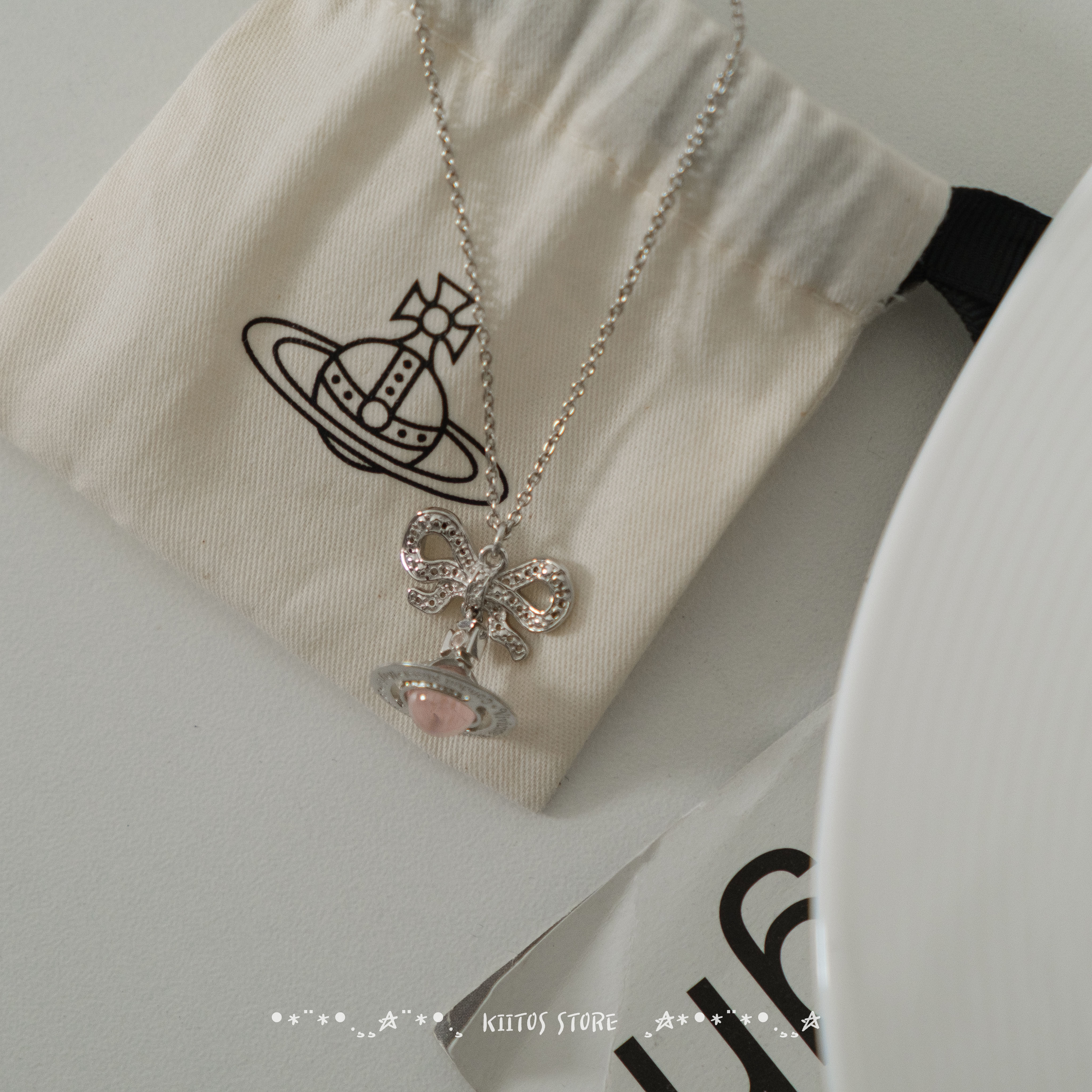 Vivienne Westwood Octavie Necklace 夢幻立體蝴蝶結 粉色土星純銀純銀項鍊 長款