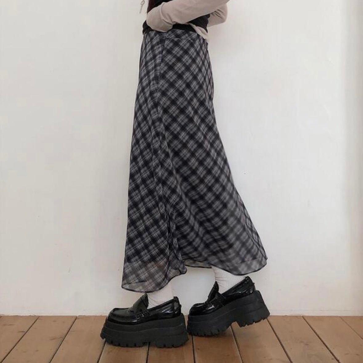 【優惠價預訂】韓國雪紡格仔長裙（2色）