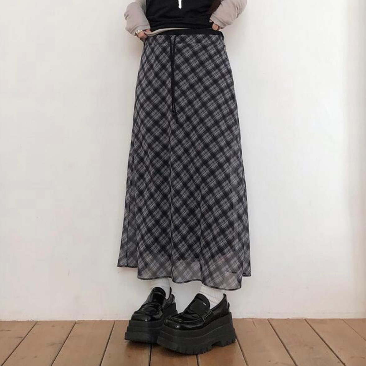 【優惠價預訂】韓國雪紡格仔長裙（2色）