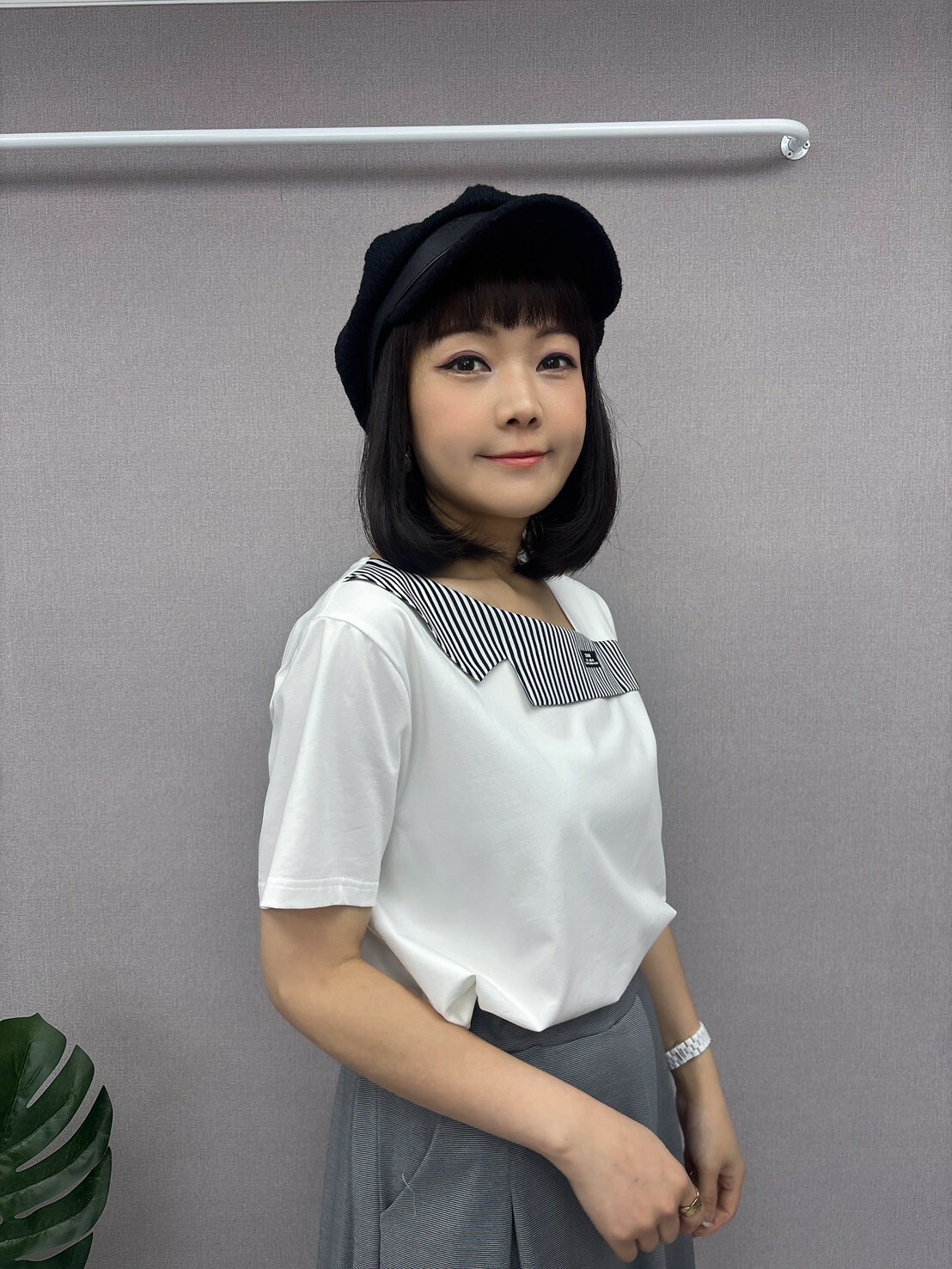 斜領拼接條紋上衣