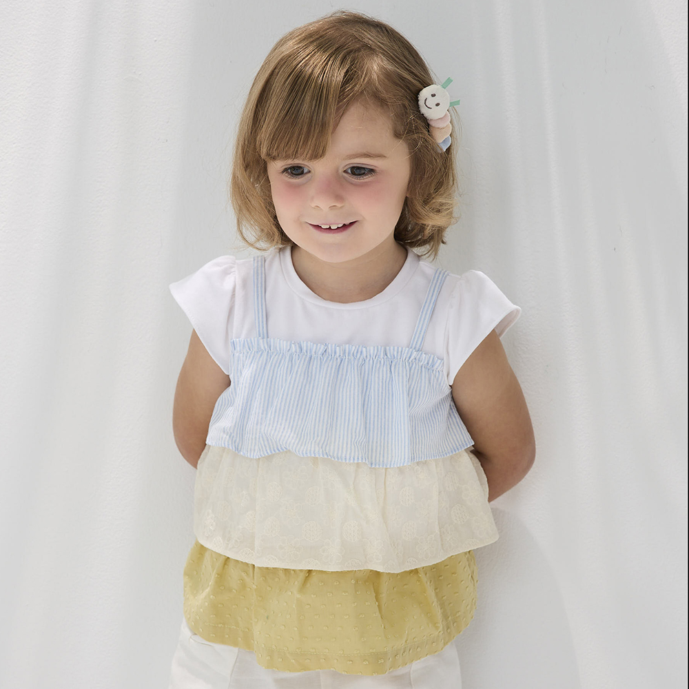 PIPPY甜蜜蜜繽紛假兩件蛋糕層短袖上衣 米白