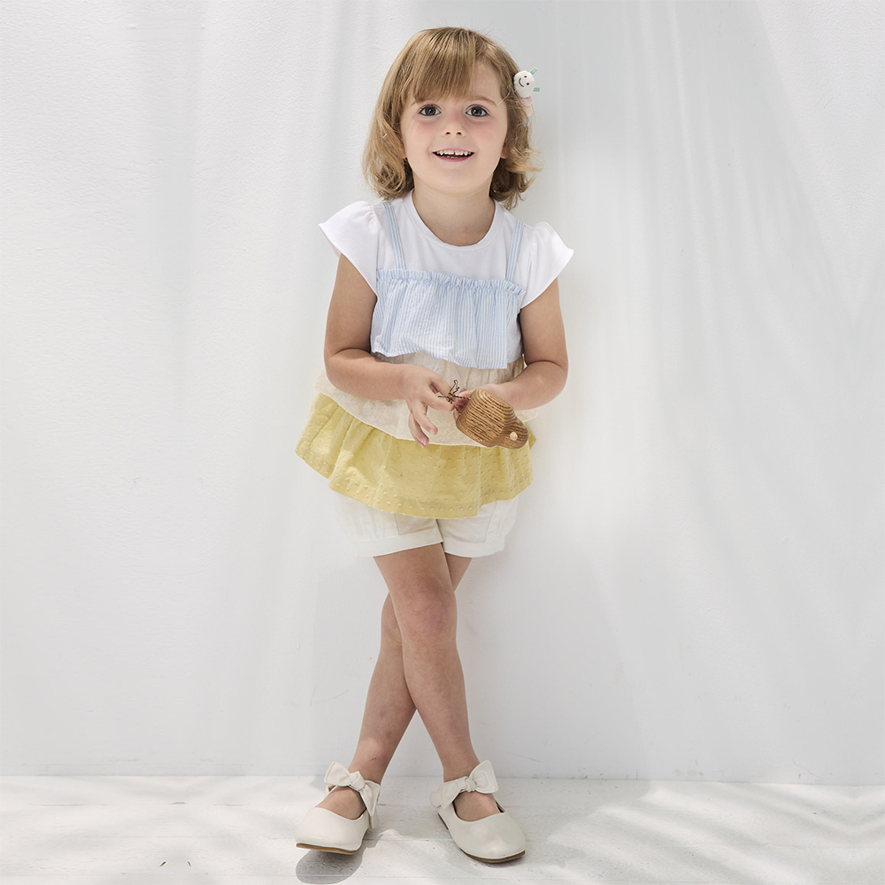 PIPPY甜蜜蜜繽紛假兩件蛋糕層短袖上衣 米白