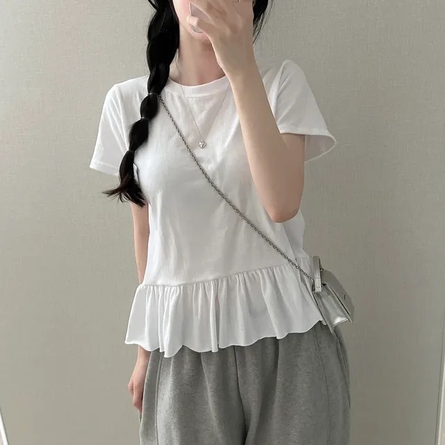 【優惠現貨】韓國荷葉邊下擺短袖TEE（3色）