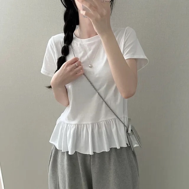 【優惠現貨】韓國荷葉邊下擺短袖TEE（3色）