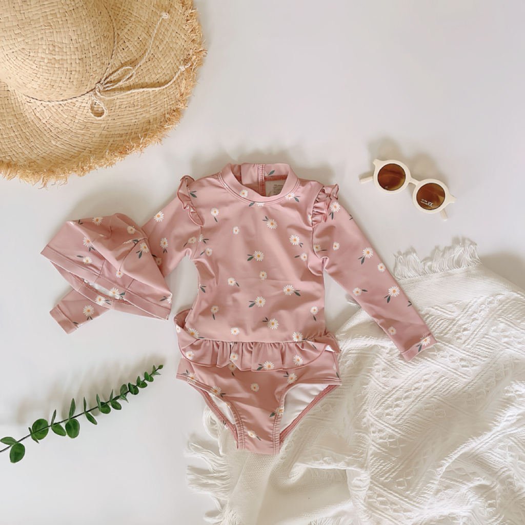 小飛袖碎花泳衣