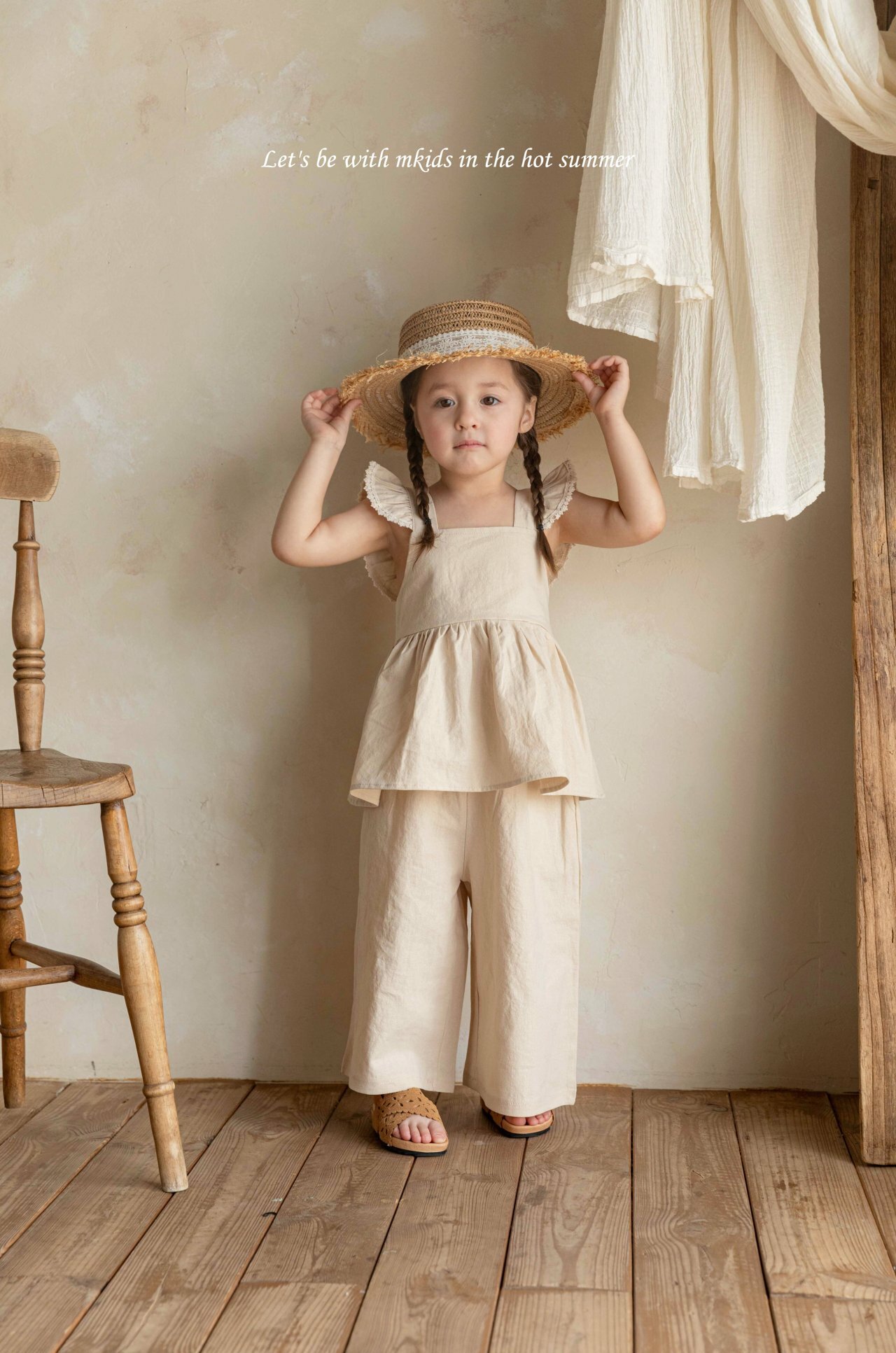 奶油S(65-75cm)現貨｜棉麻飛袖綁帶套裝SET