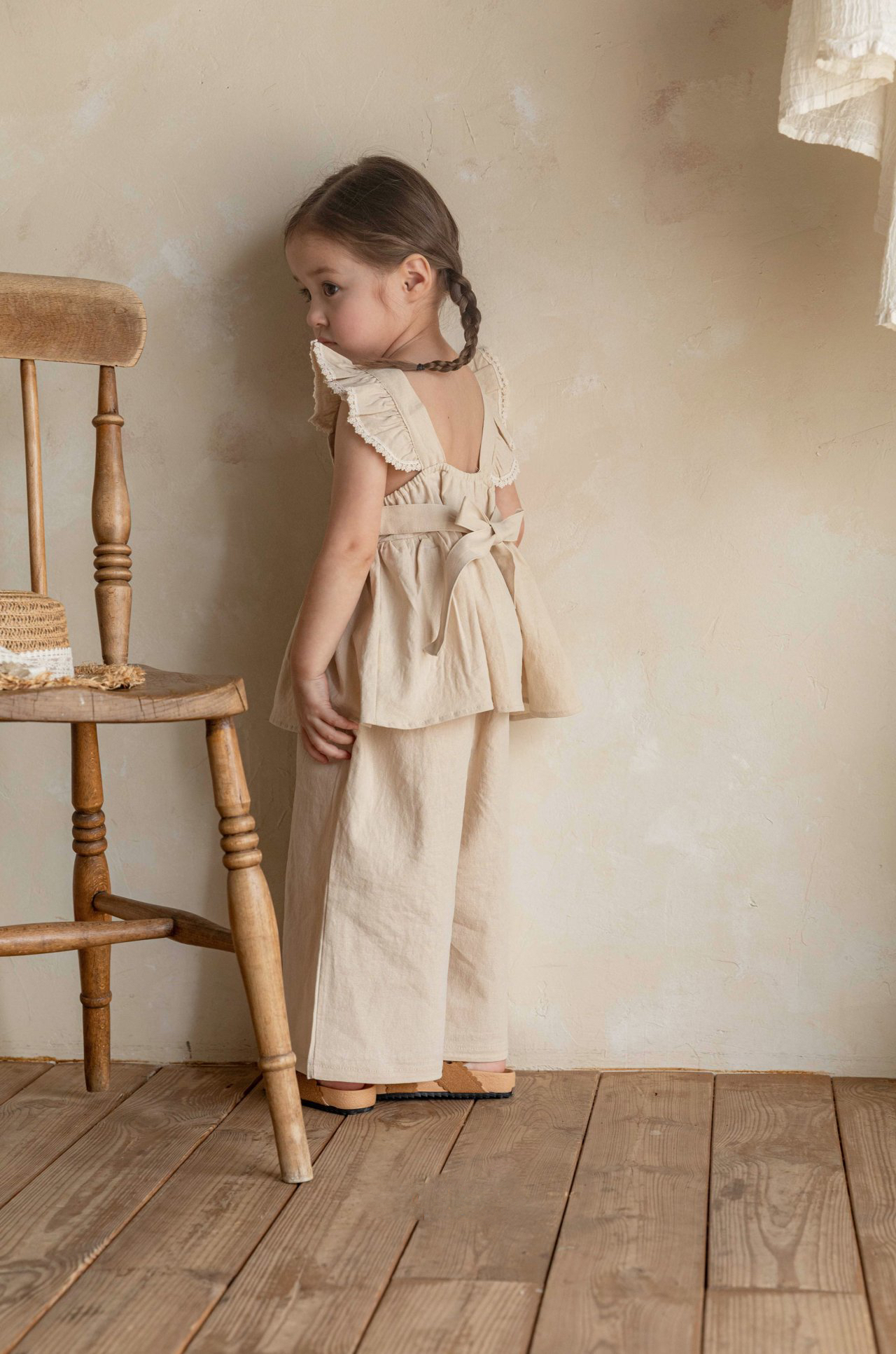 奶油S(65-75cm)現貨｜棉麻飛袖綁帶套裝SET