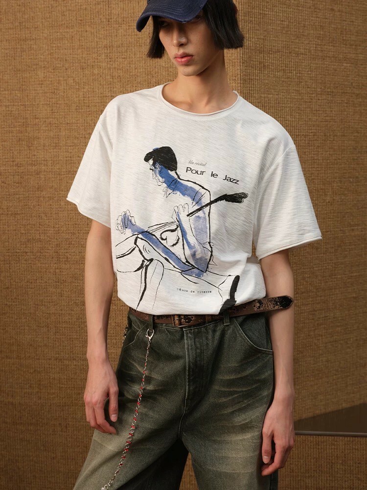 JCA 獨奏 竹節透氣 卷邊 水漬染花 #短袖