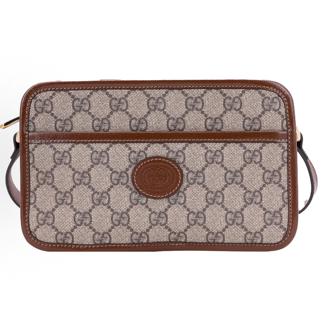GUCCI 古馳復古老花 Logo 帆布拼皮單肩斜孭袋 mini 男女同款情侶款烏木色/棕色