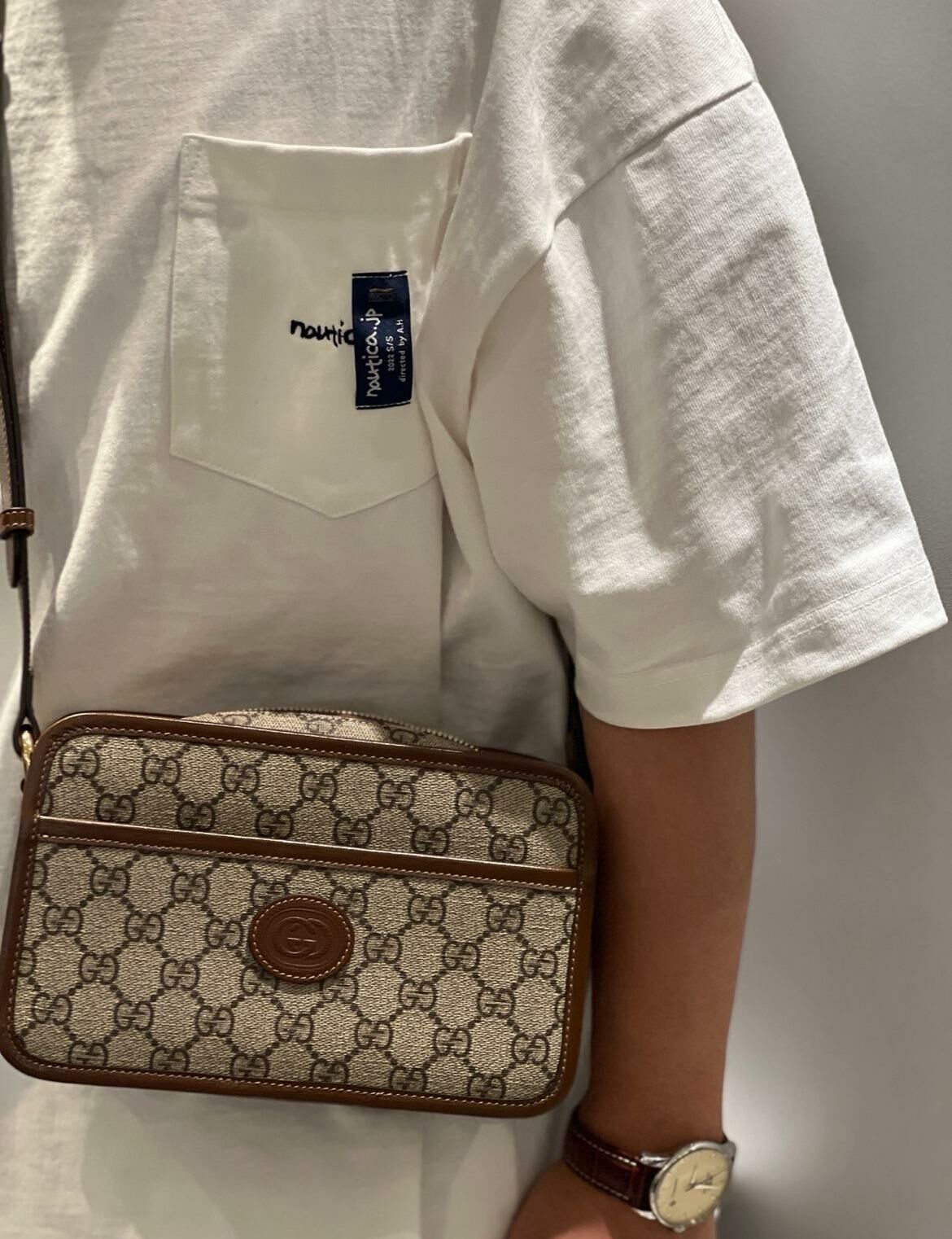 GUCCI 古馳復古老花 Logo 帆布拼皮單肩斜孭袋 mini 男女同款情侶款烏木色/棕色