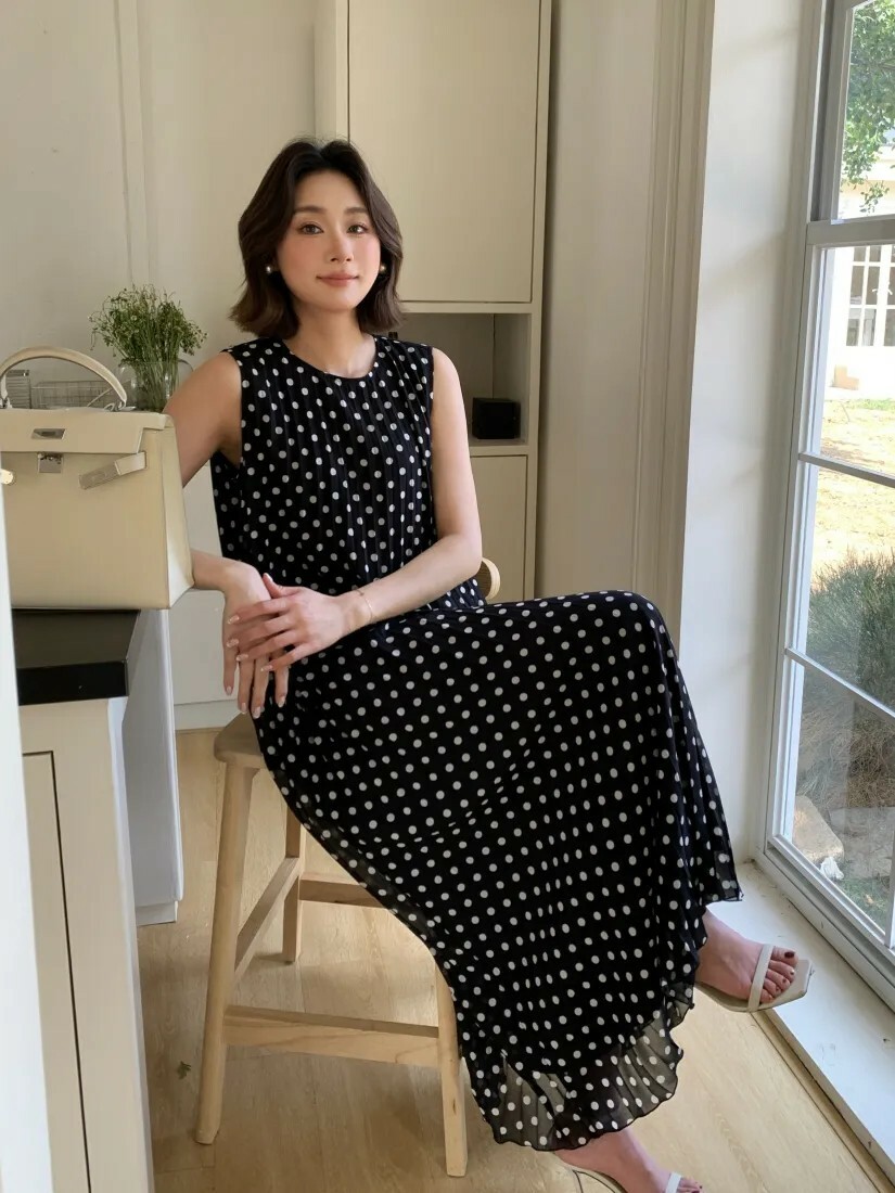 經典黑配色點點無袖圓領傘擺長洋裝S-M (Elegant & Love)