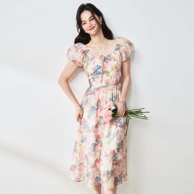 圓領印花天絲洋裝 粉色