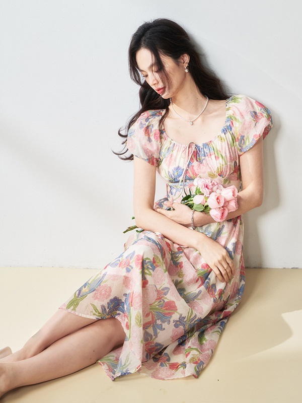 圓領印花天絲洋裝 粉色