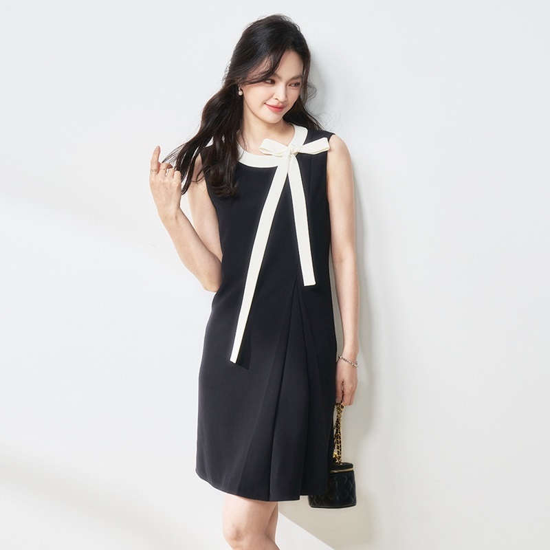 配色蝴蝶結無袖洋裝 黑色