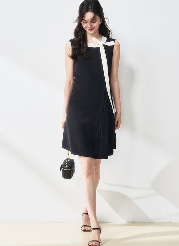 配色蝴蝶結無袖洋裝 黑色