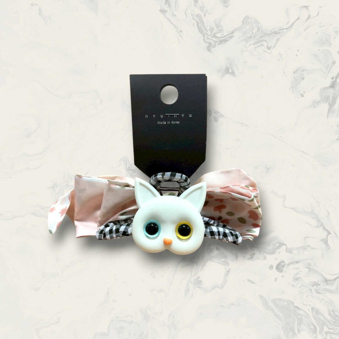 韓國直送髮飾 中大貓咪格紋布打圈後絲巾大蝴蝶結鯊魚夾