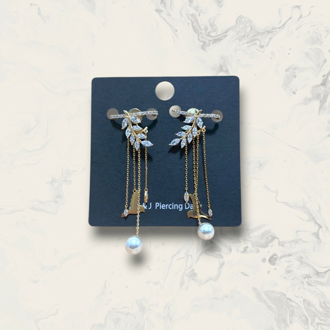 韓國直送 鋼針-分離式 包耳垂線鋯白鋯葉後吊墜金鍊珍珠+小鳥