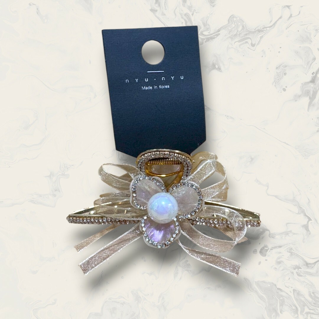 韓國直送髮飾 雙面中大珍珠網紗蝴蝶結雙排線鋯打圈鯊魚夾