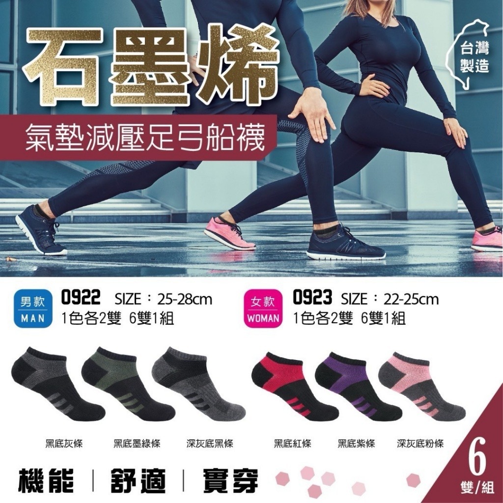 台灣製石墨烯氣墊減壓足弓船襪系列 1色各2雙一組6雙