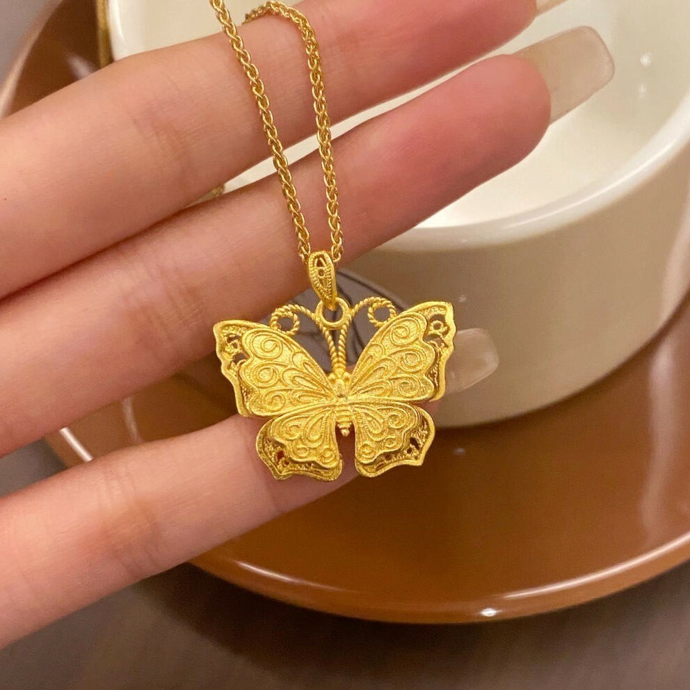 【金輝】鏤空絲花蝴蝶古法沙金福蝶項鍊