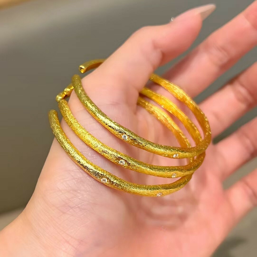 【金輝】古法沙金拉絲六芒星實心開口手鐲