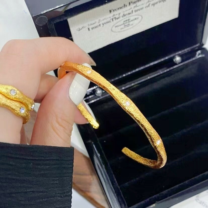 【金輝】古法沙金拉絲六芒星實心開口手鐲