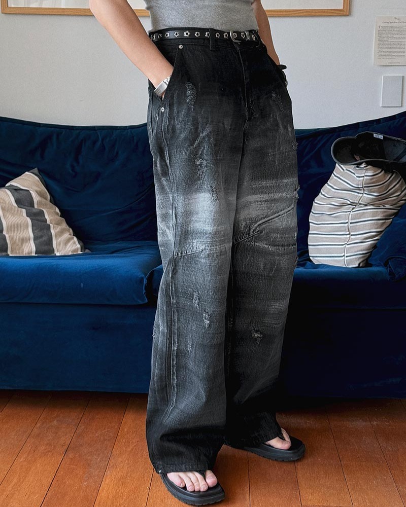 手繪復古刷色破損牛仔褲
