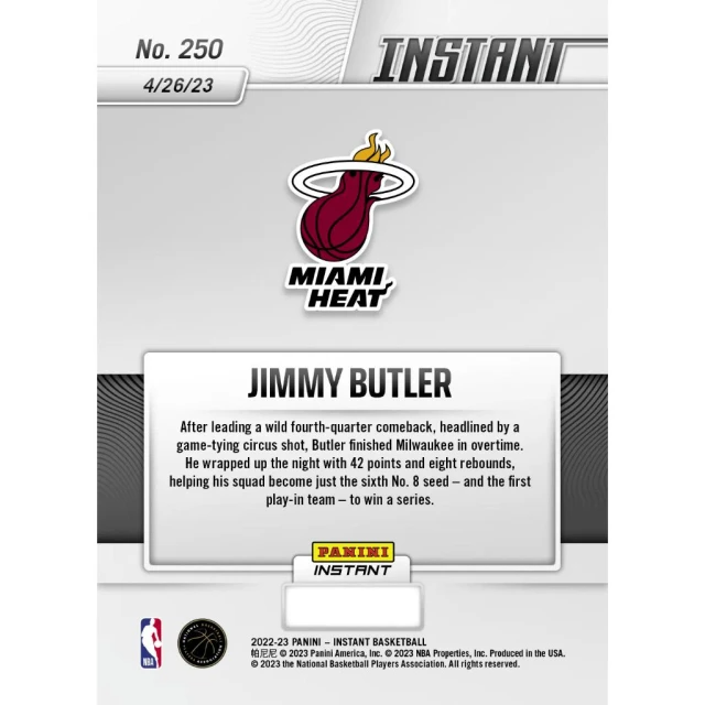 Jimmy Butler - 2022-23 Nba Instant 士官長 狂砍42分 最後兩秒神拋追平公鹿 幫助熱火締造老八傳奇 球員卡 #250