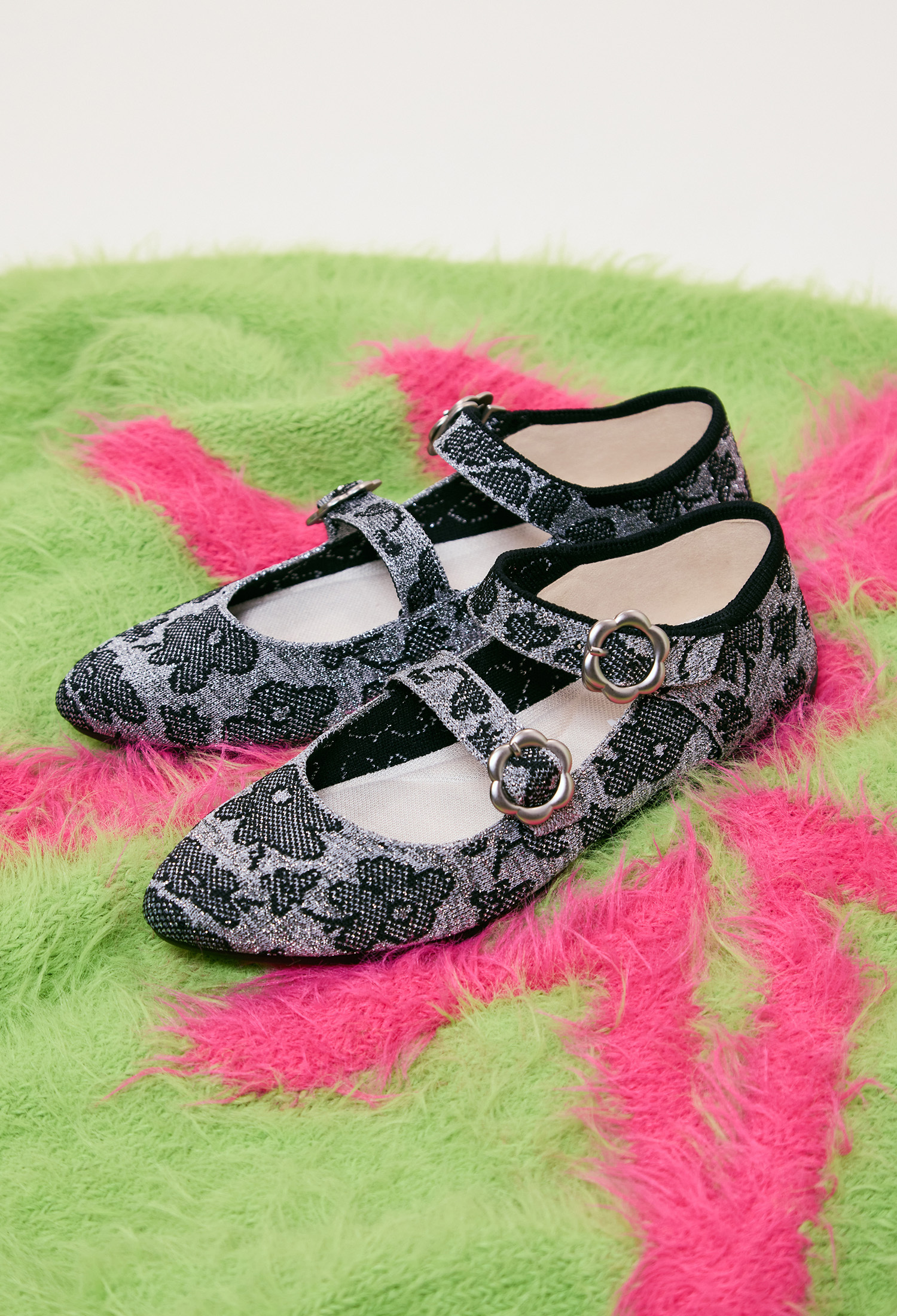 花園平底鞋 銀花朵紋