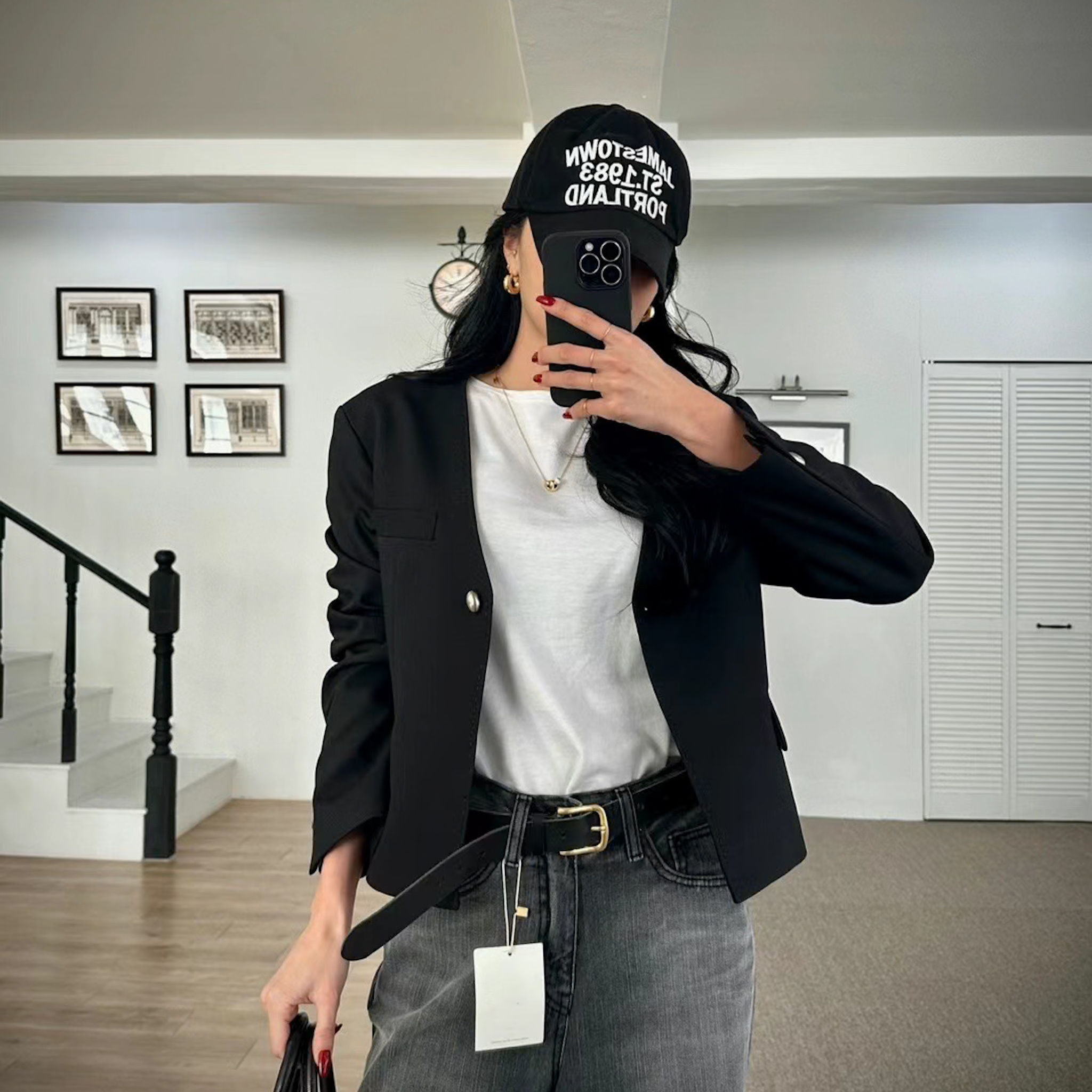 特惠款車縫邊橢圓霧金V領西外(黑)