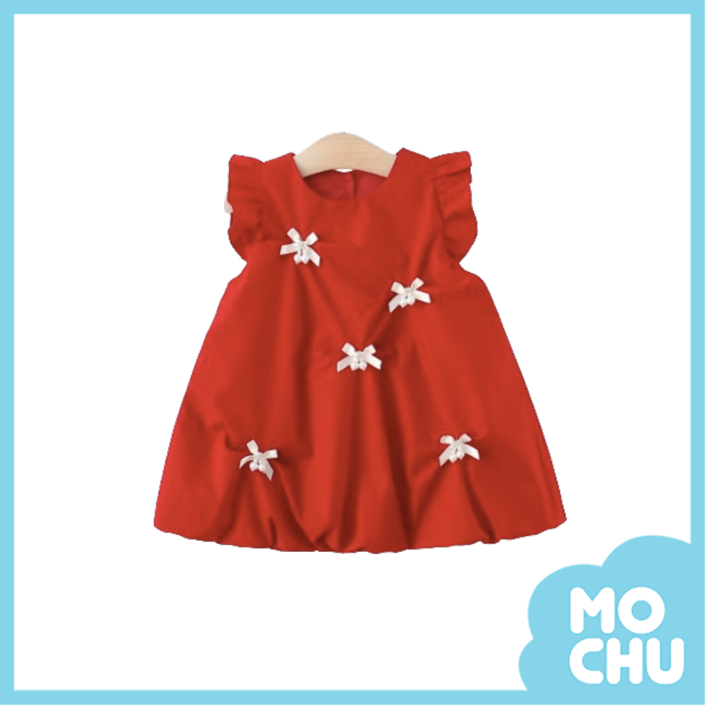 珍珠蝴蝶結抓褶飛袖連身裙(二色)