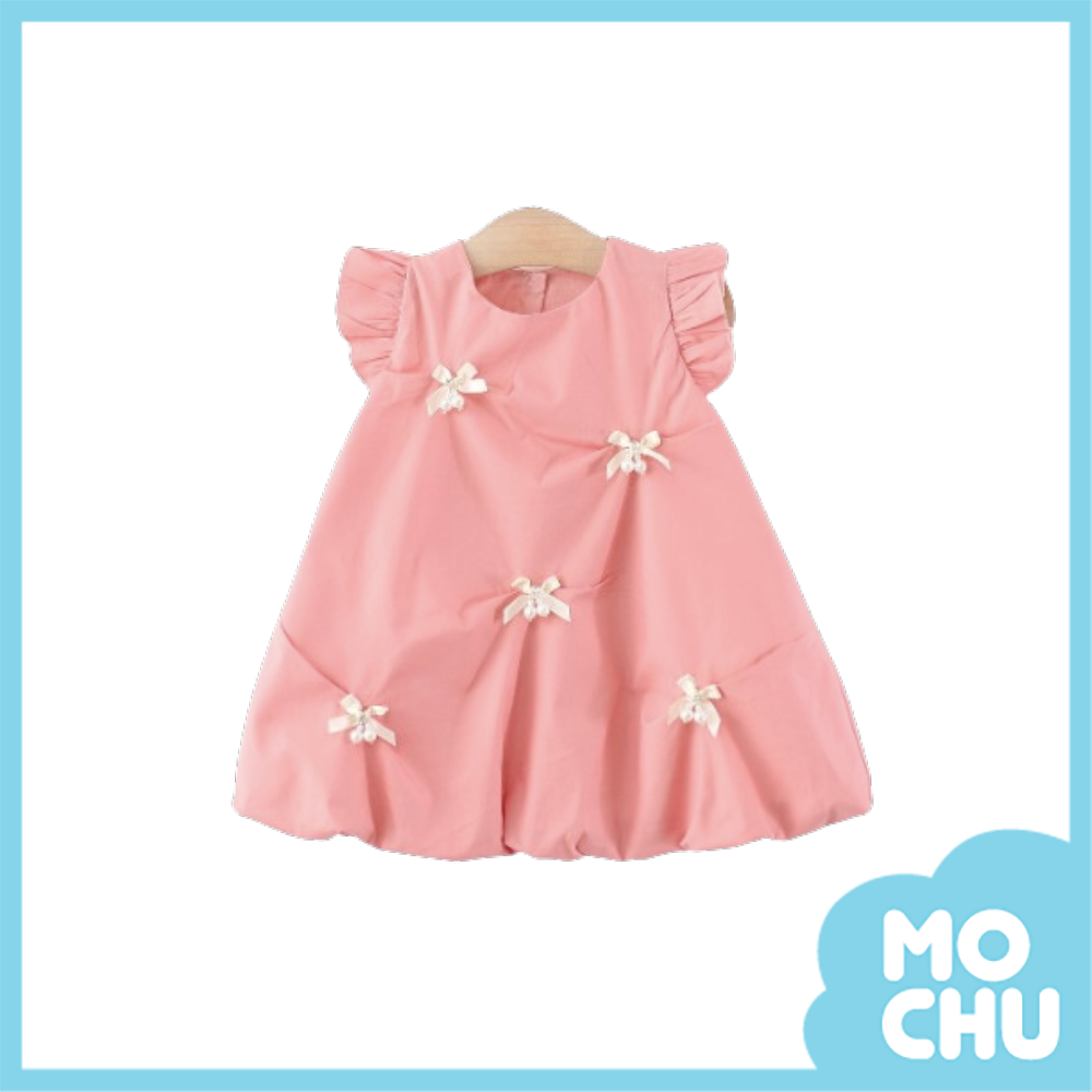 珍珠蝴蝶結抓褶飛袖連身裙(二色)