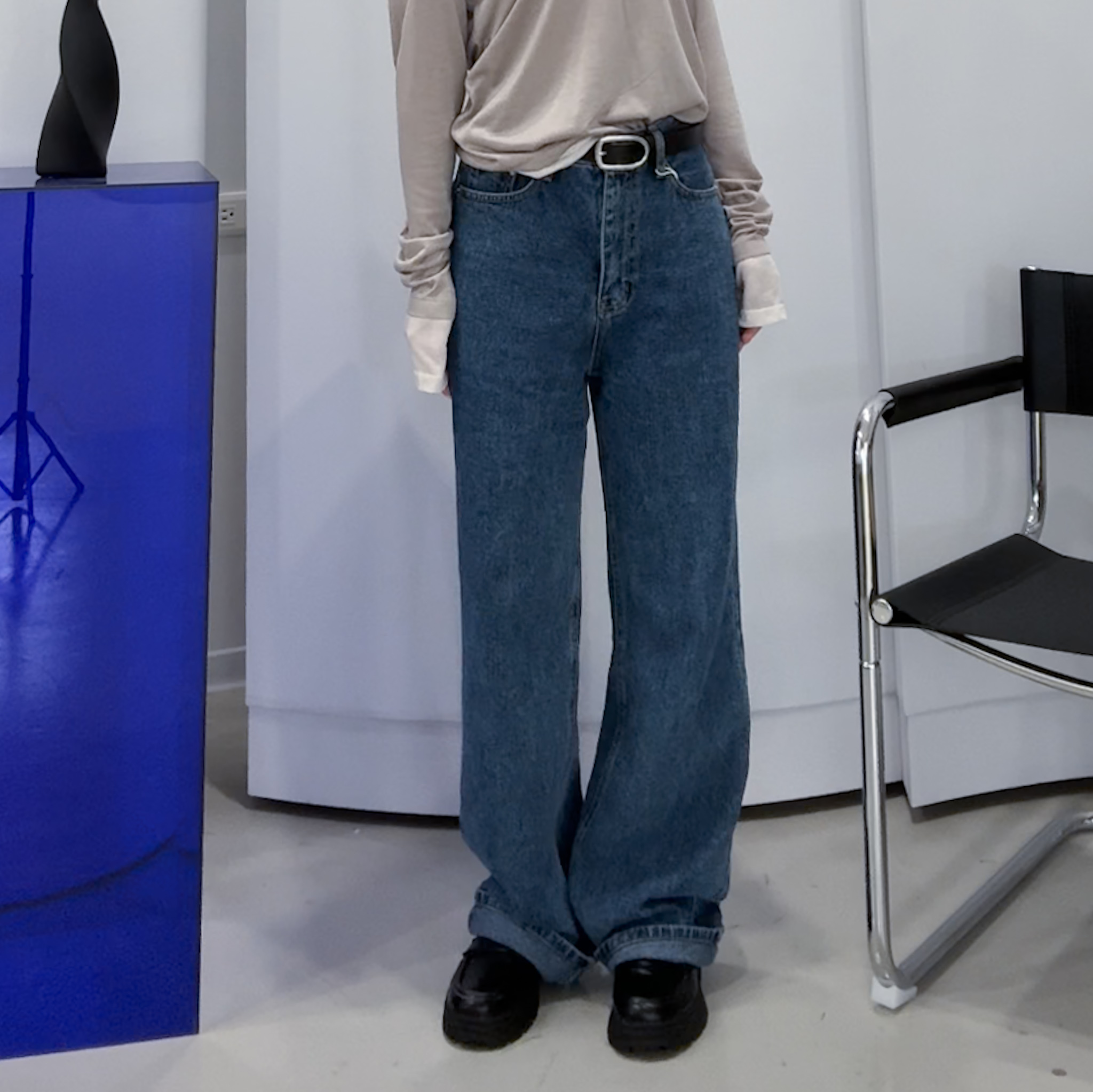 中藍牛仔直腿褲(S)