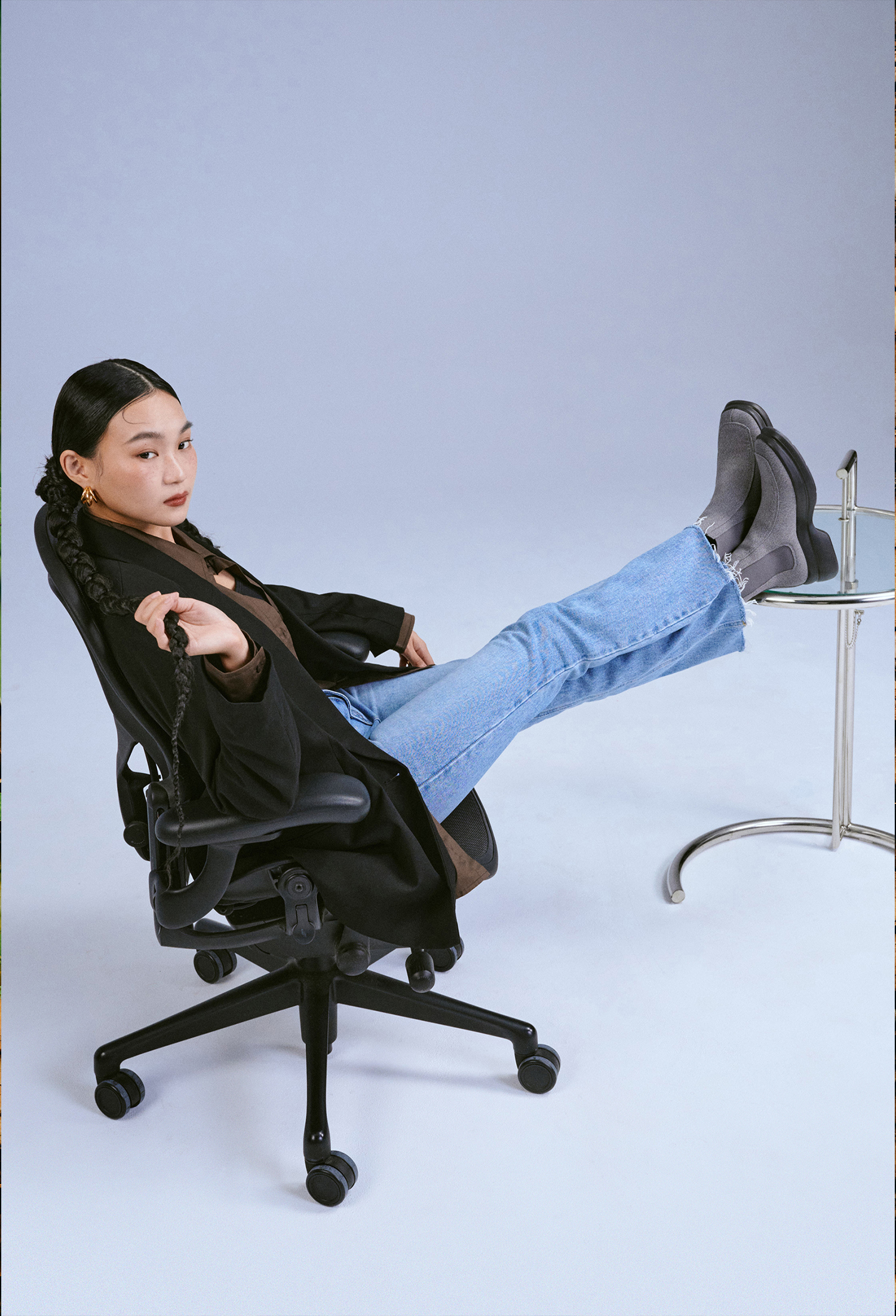 流線切爾西厚底短靴 霧灰