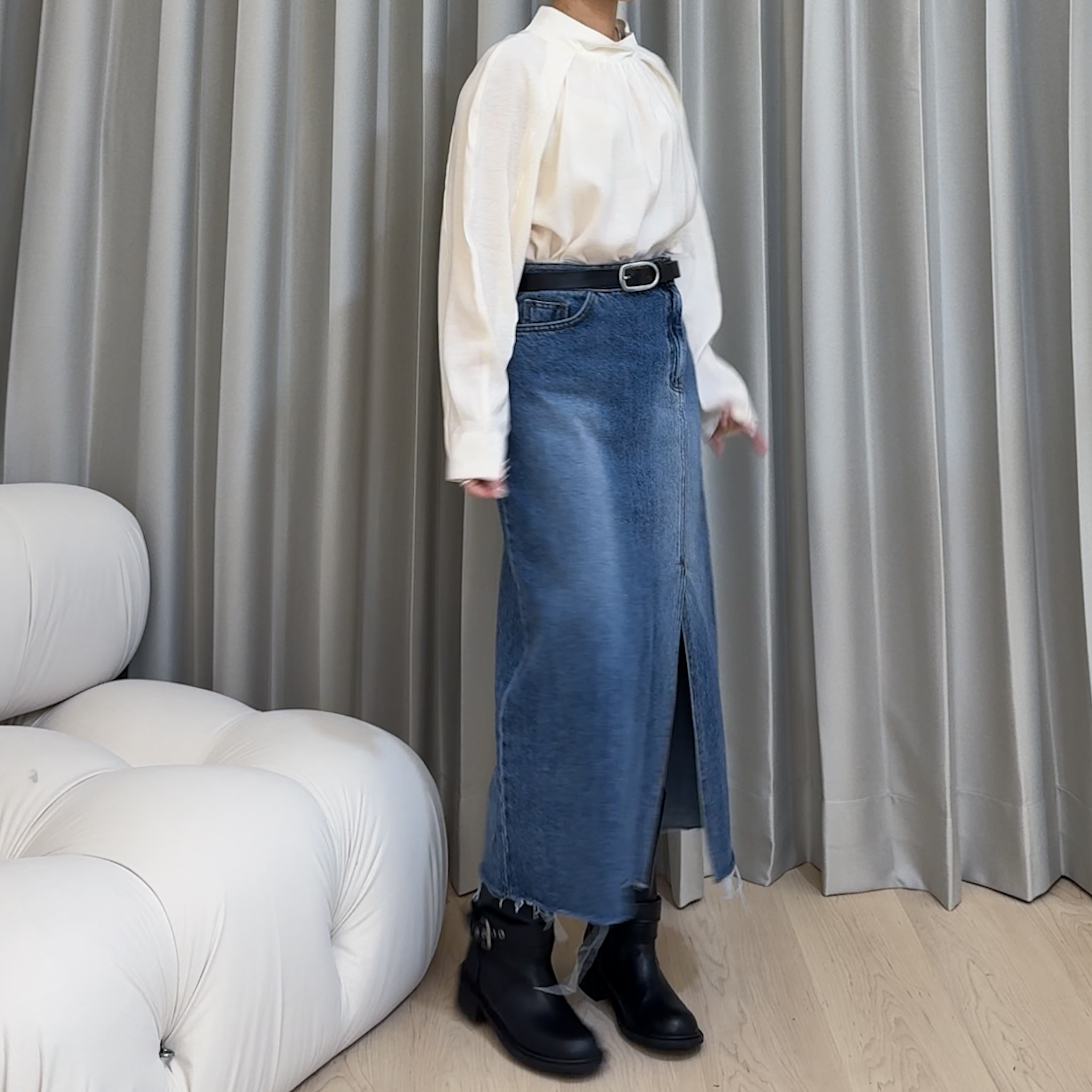 設計斜褲頭開衩直身牛仔裙(S/M)