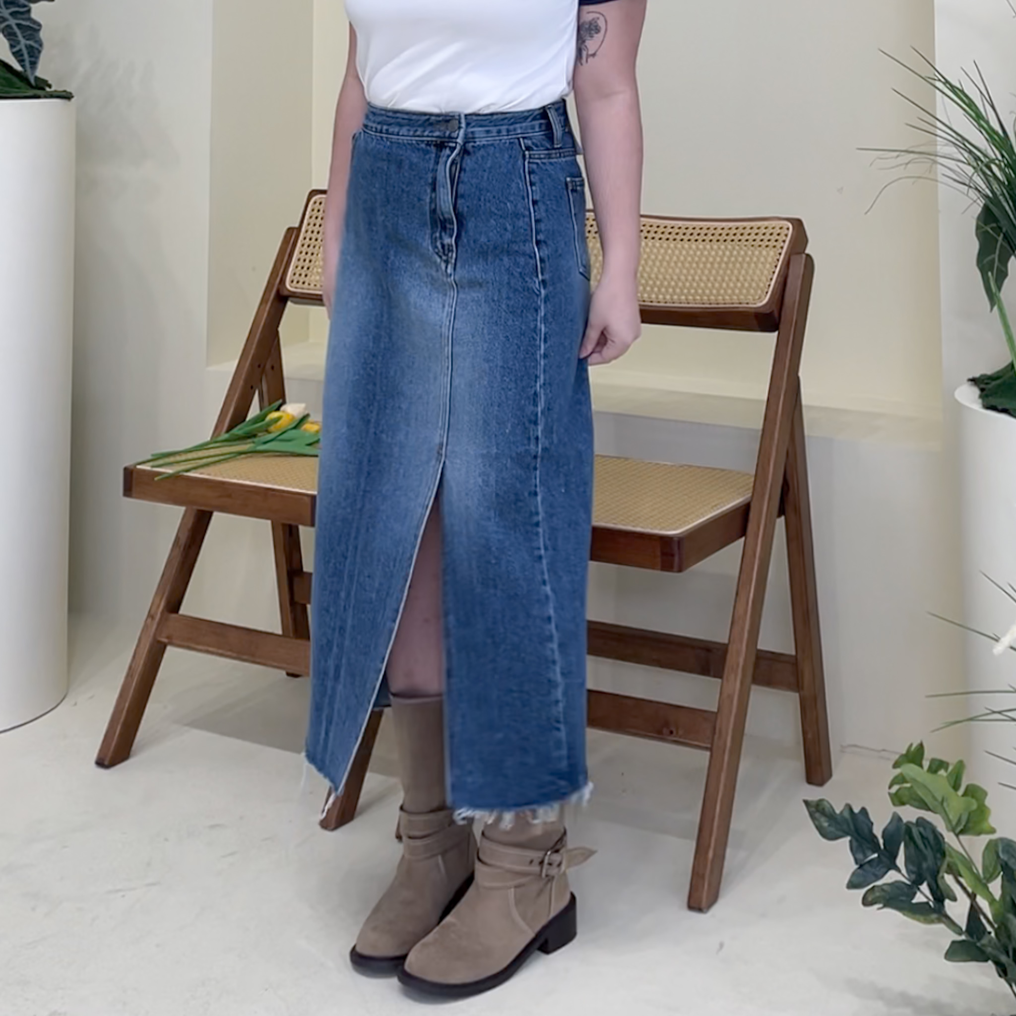 設計斜褲頭開衩直身牛仔裙(S/M)