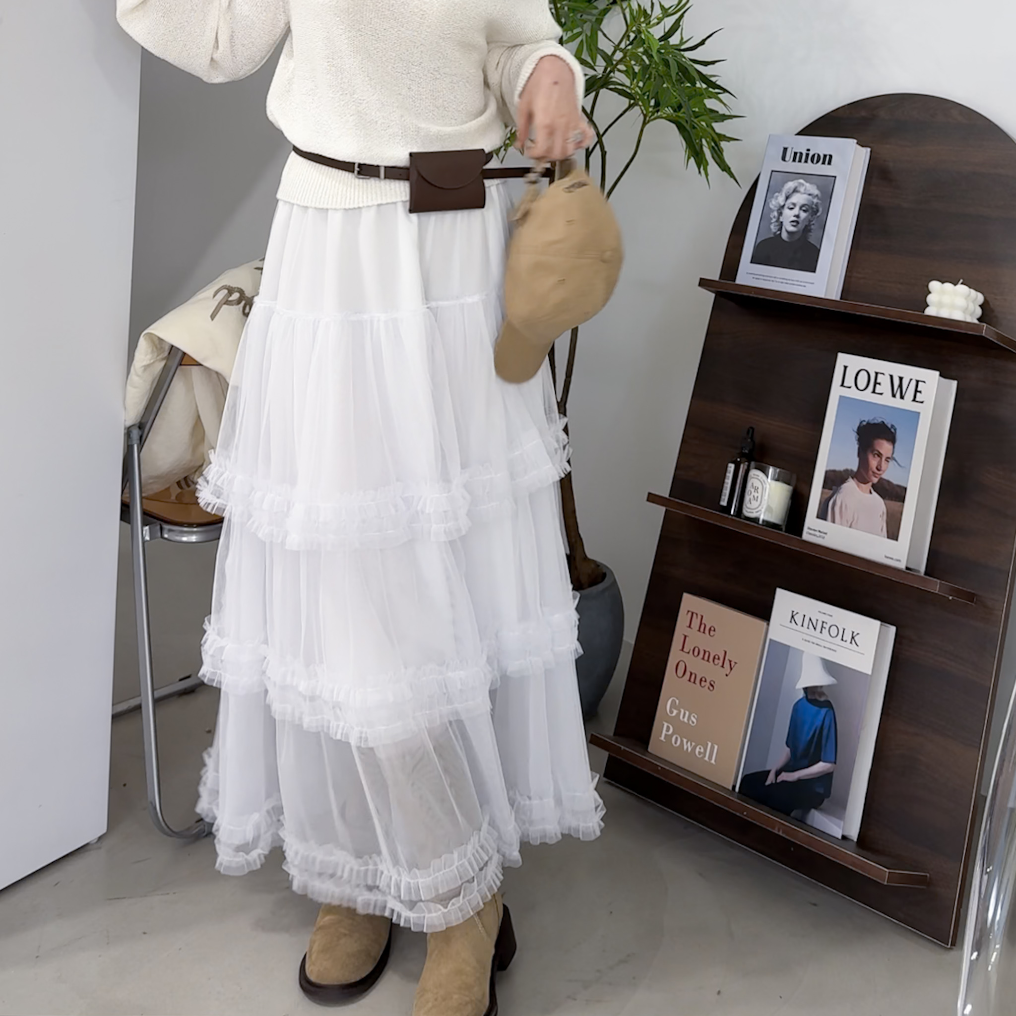 外層細砂三層蕾絲拼接傘裙(白)