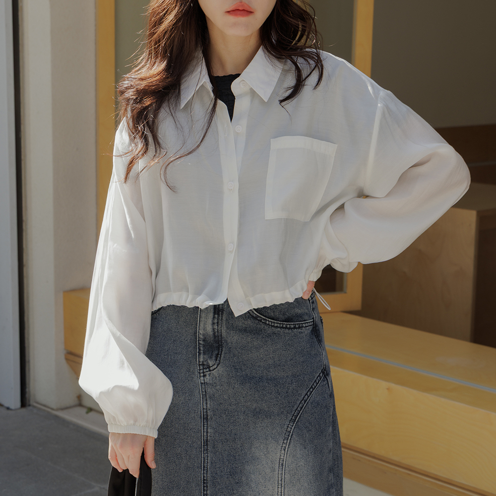 Micro-glossy drawstring hem shirt, available in two colors【02071640】in stock+pre-order