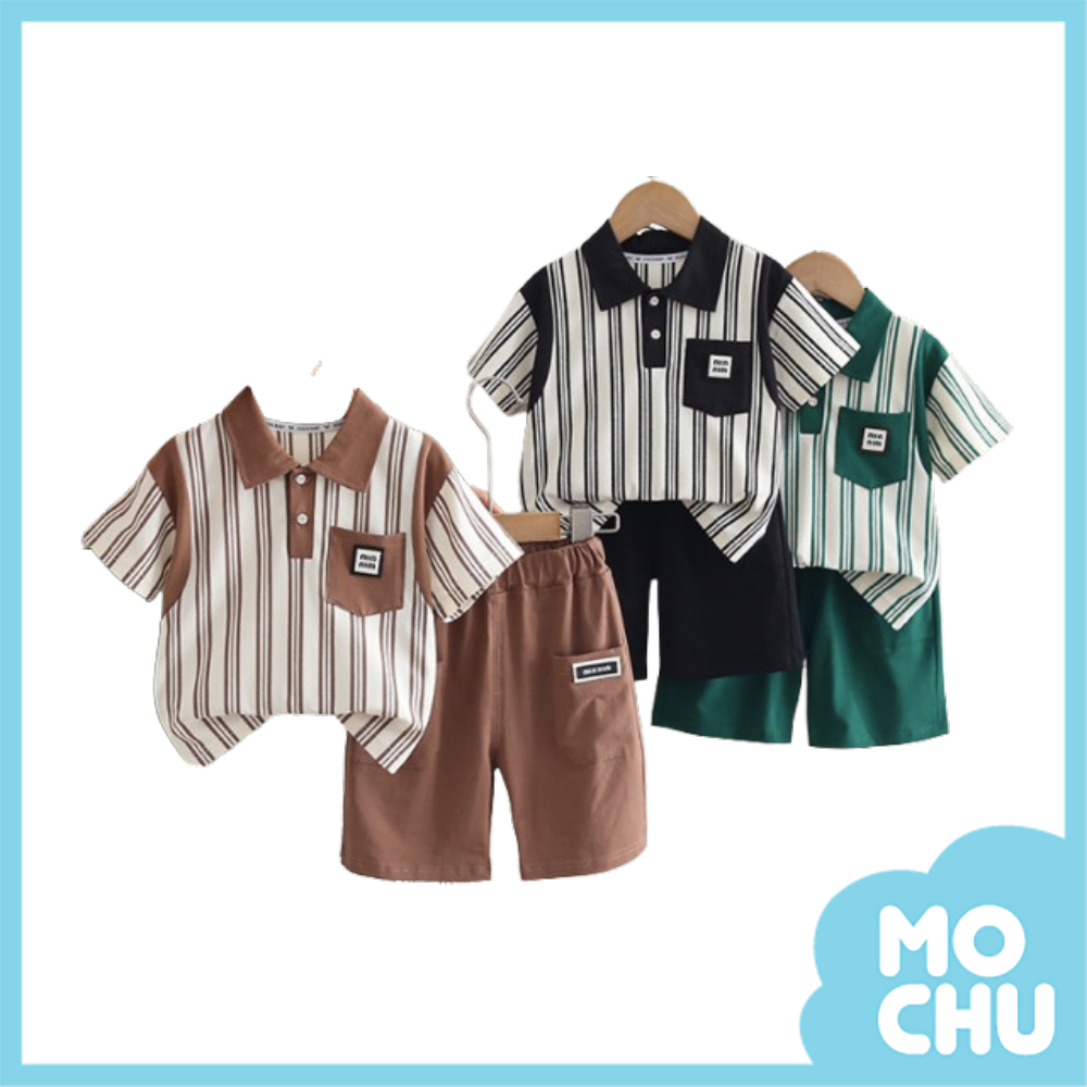 翻領豎條polo套裝(三色)