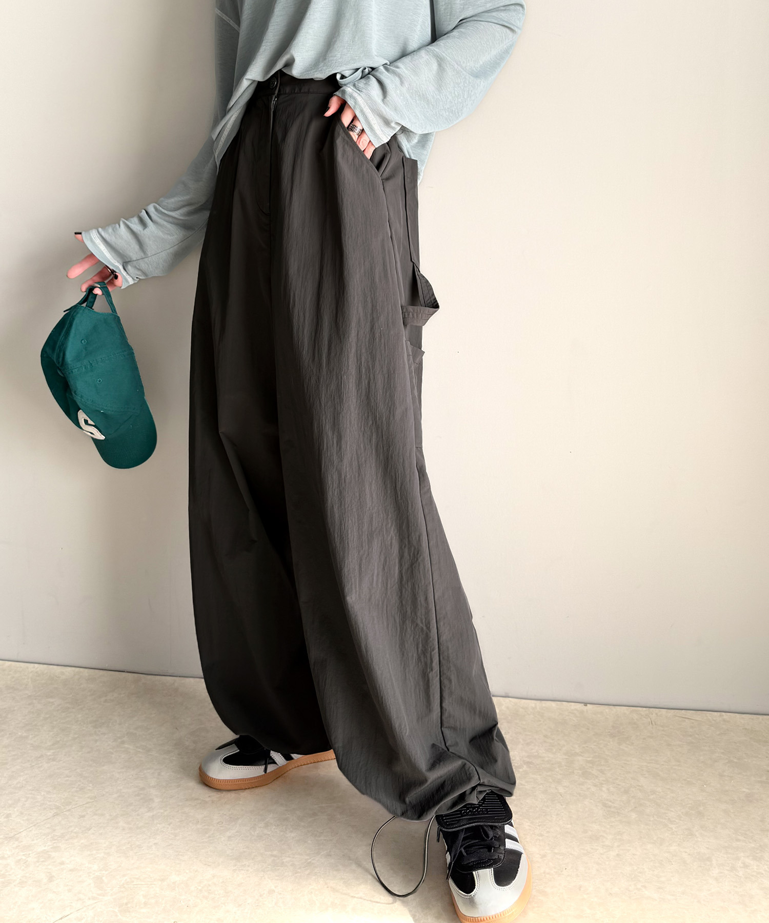 🇯🇵 日系品牌 JAVA 微高腰 闊腿 口袋 尼龍鬆緊工裝褲 落地褲 長褲 抽繩下擺 / 預購