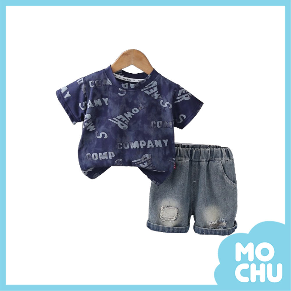 暈染字母刷破牛仔套裝(三色)