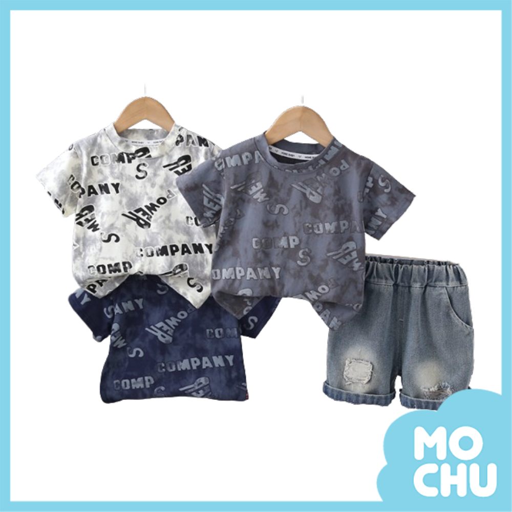 暈染字母刷破牛仔套裝(三色)