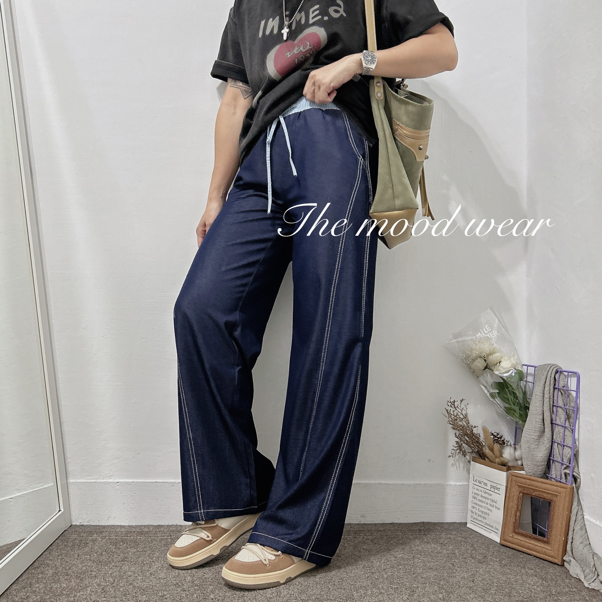 M-2XL不悶熱天絲棉車線牛仔寬褲