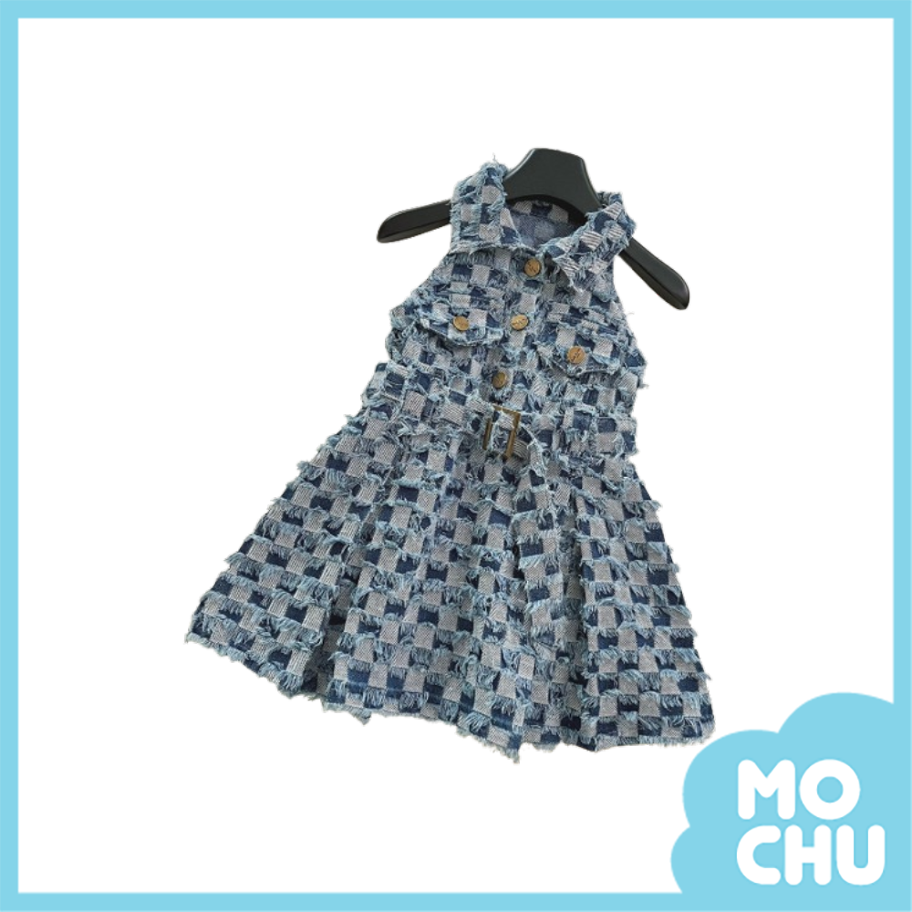 棋盤格牛仔工裝連身裙