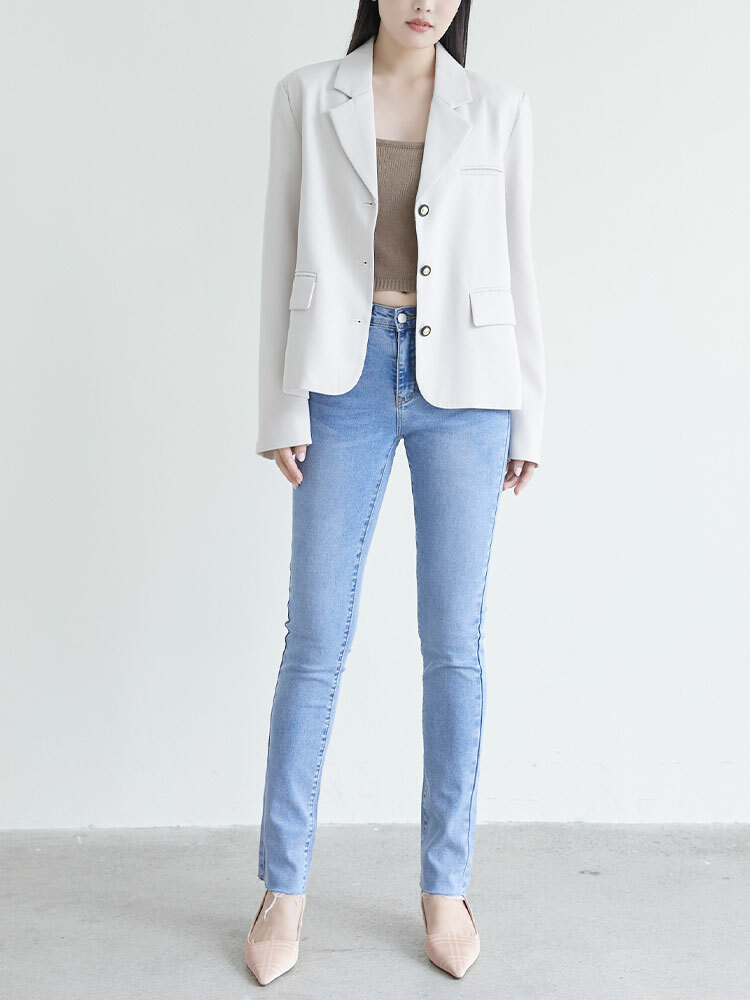 SALE500 後壓褶不收邊窄管牛仔褲